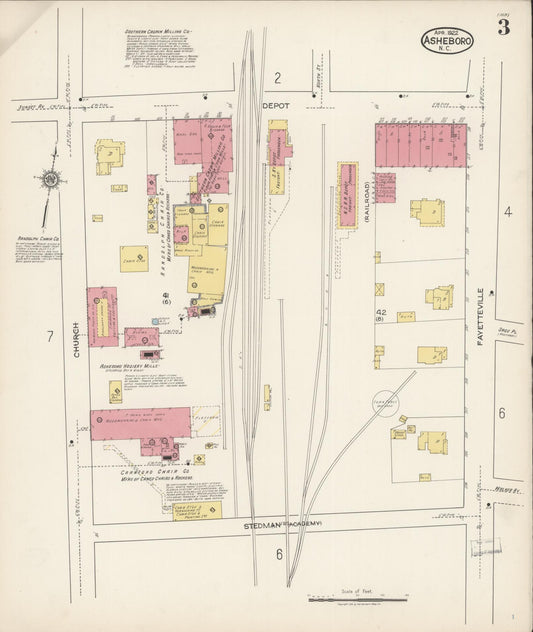 Sanborn Fire Insurance Map from Asheboro, Randolph County, North Carolina (1922), Sheet #0003 - Historic Sanborn Fire Insurance Map Print, vintage old map wall art, antique decor, genealogy gift, North Carolina North Carolina map