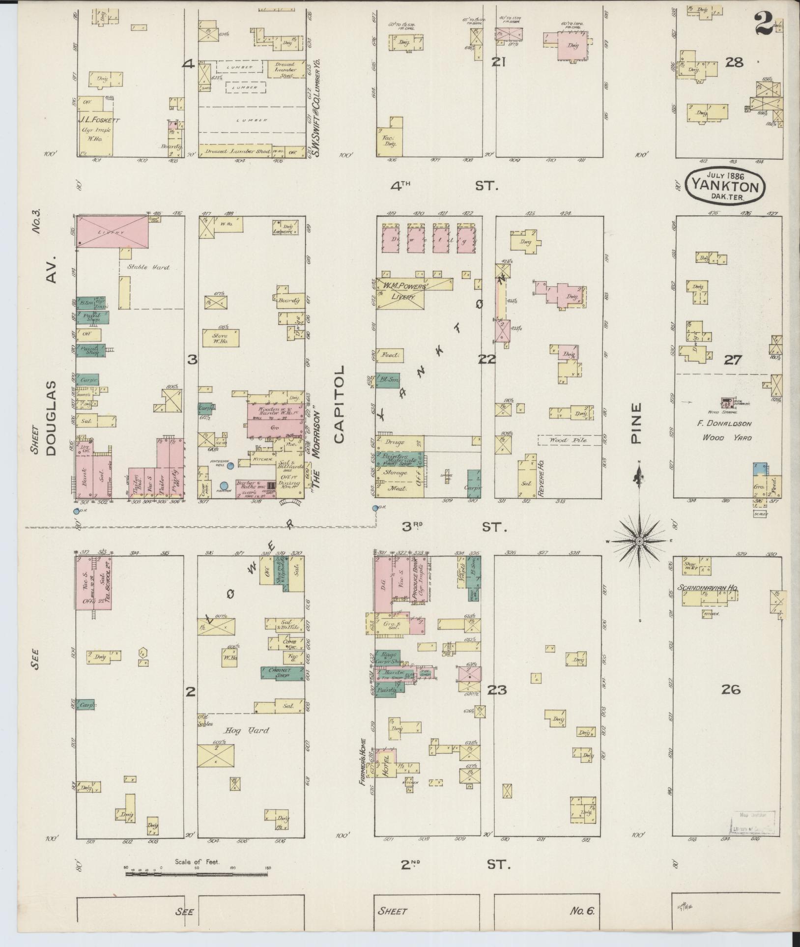 Sanborn Fire Insurance Map from Yankton, Yankton County, South Dakota (1886), Sheet #0002 - Historic Sanborn Fire Insurance Map Print, vintage old map wall art, antique decor, genealogy gift, South Dakota South Dakota map
