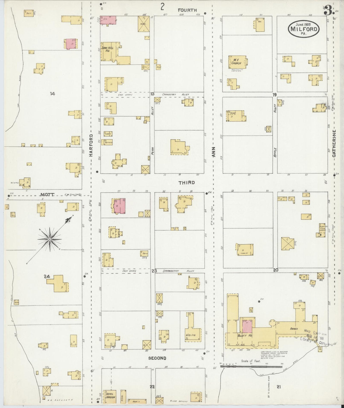 Sanborn Fire Insurance Map from Milford, Pike County, Pennsylvania (1905), Sheet #0003 - Historic Sanborn Fire Insurance Map Print, vintage old map wall art, antique decor, genealogy gift, Pennsylvania Pennsylvania map