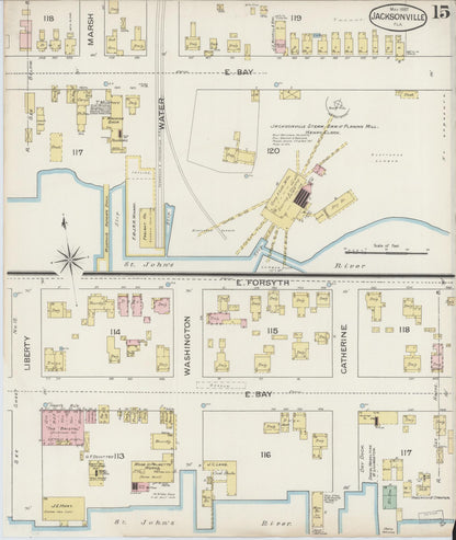 Sanborn Fire Insurance Map from Jacksonville, Duval County, Florida (1887), Sheet #0015 - Historic Sanborn Fire Insurance Map Print, vintage old map wall art, antique decor, genealogy gift, Florida Florida map