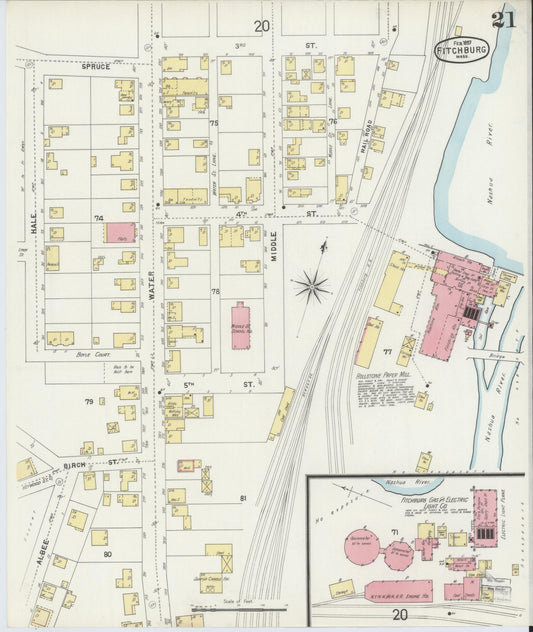 Sanborn Fire Insurance Map from Fitchburg, Worcester County, Massachusetts (1897), Sheet #0021 - Historic Sanborn Fire Insurance Map Print, vintage old map wall art, antique decor, genealogy gift, Massachusetts Massachusetts map