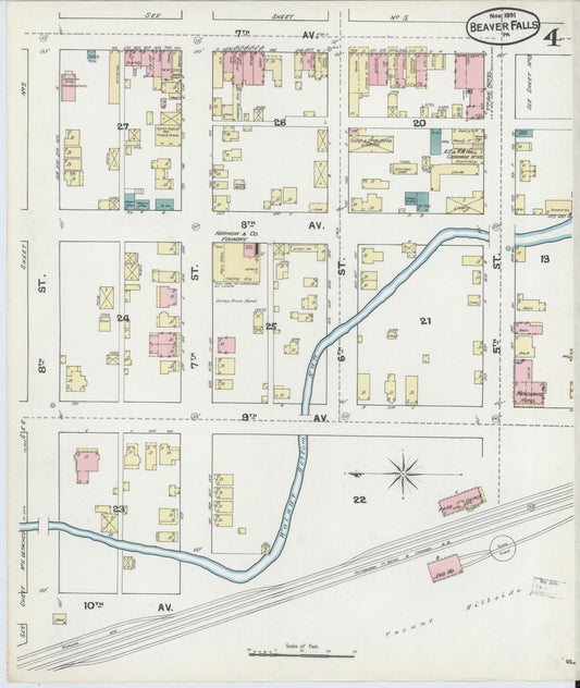 Sanborn Fire Insurance Map from Beaver Falls, Beaver County, Pennsylvania (1891), Sheet #0004 - Historic Sanborn Fire Insurance Map Print, vintage old map wall art, antique decor, genealogy gift, Pennsylvania Pennsylvania map
