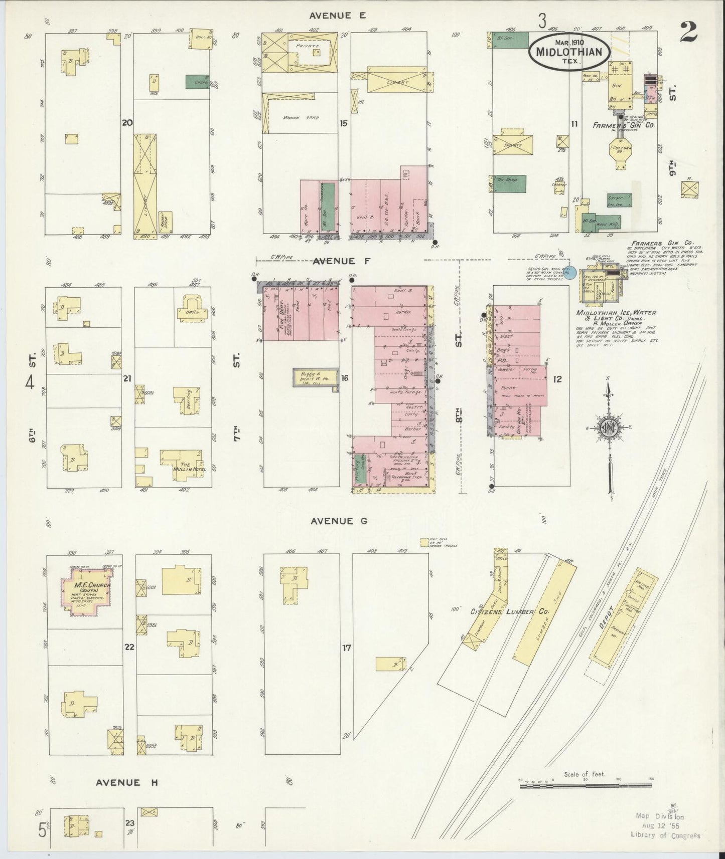 Sanborn Fire Insurance Map from Midlothian, Ellis County, Texas (1910), Sheet #0002 - Complete Map Set gallery image, historic Sanborn map, vintage wall art, Texas Texas