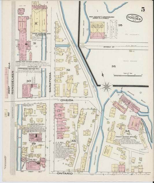 Sanborn Fire Insurance Map from Cohoes, Albany County, New York (1885), Sheet #0005 - Historic Sanborn Fire Insurance Map Print, vintage old map wall art, antique decor, genealogy gift, New York New York map