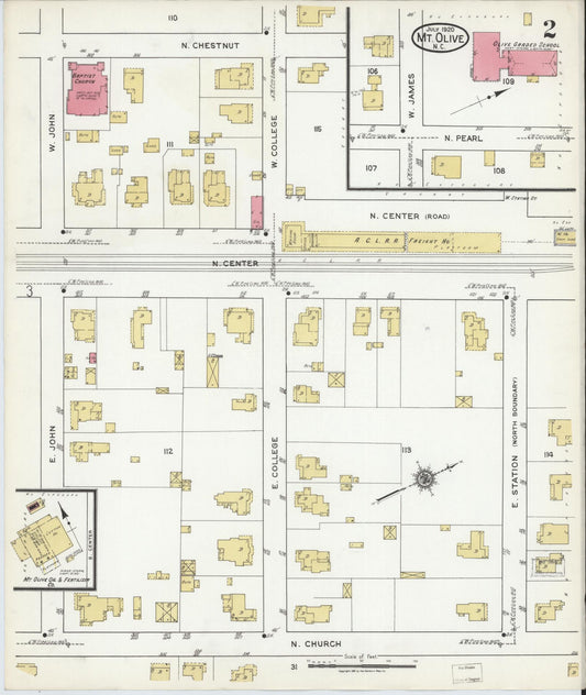 Sanborn Fire Insurance Map from Mount Olive, Wayne County, North Carolina (1920), Sheet #0002 - Historic Sanborn Fire Insurance Map Print, vintage old map wall art, antique decor, genealogy gift, North Carolina North Carolina map