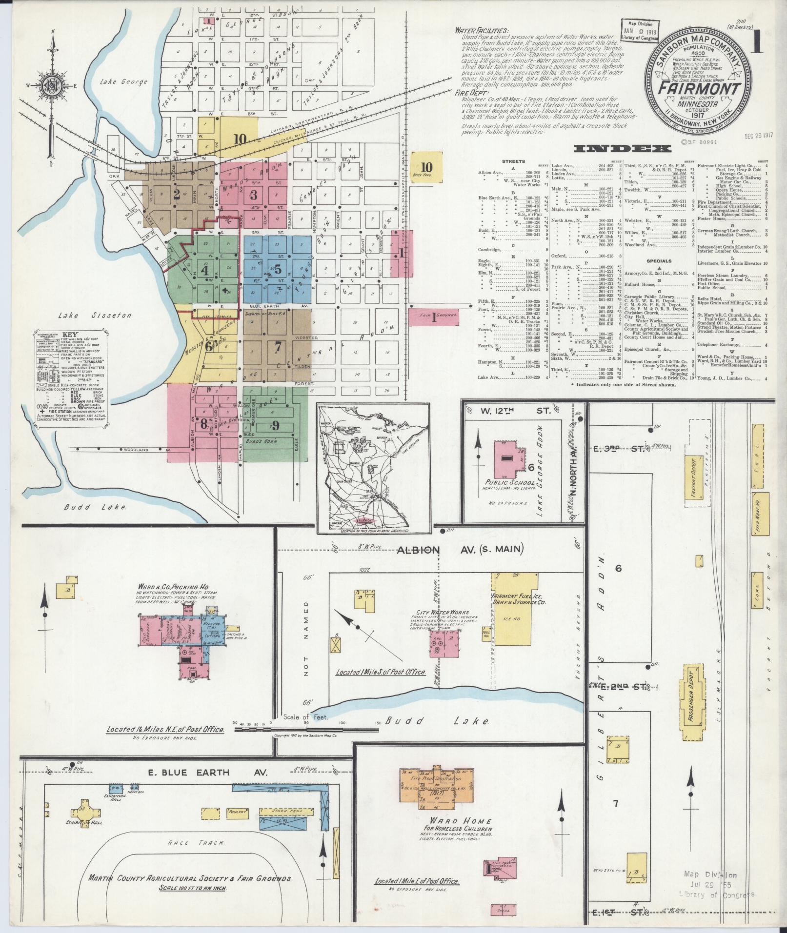 Sanborn Fire Insurance Map from Fairmont, Martin County, Minnesota (1917), Sheet #0001 - Historic Sanborn Fire Insurance Map Print, vintage old map wall art, antique decor, genealogy gift, Minnesota Minnesota map