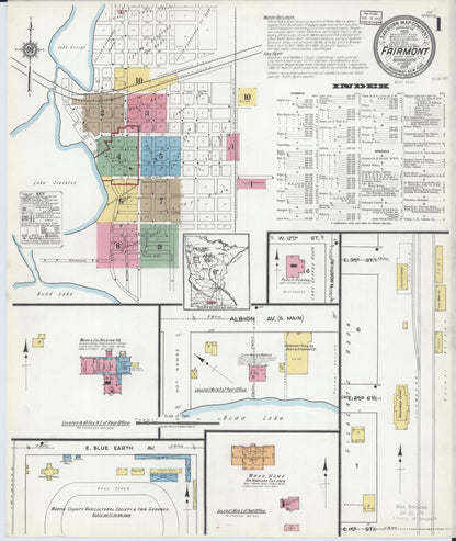 Sanborn Fire Insurance Map from Fairmont, Martin County, Minnesota (1917), Sheet #0001 - Historic Sanborn Fire Insurance Map Print, vintage old map wall art, antique decor, genealogy gift, Minnesota Minnesota map