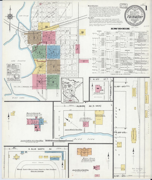 Sanborn Fire Insurance Map from Fairmont, Martin County, Minnesota (1917), Sheet #0001 - Historic Sanborn Fire Insurance Map Print, vintage old map wall art, antique decor, genealogy gift, Minnesota Minnesota map