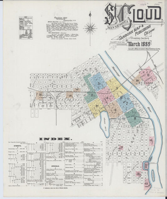 Sanborn Fire Insurance Map from Saint Cloud, Stearns, Benton, and Sherburne Counties, Minnesota (1889), Sheet #0001 - Historic Sanborn Fire Insurance Map Print, vintage old map wall art, antique decor, genealogy gift, Minnesota Minnesota map