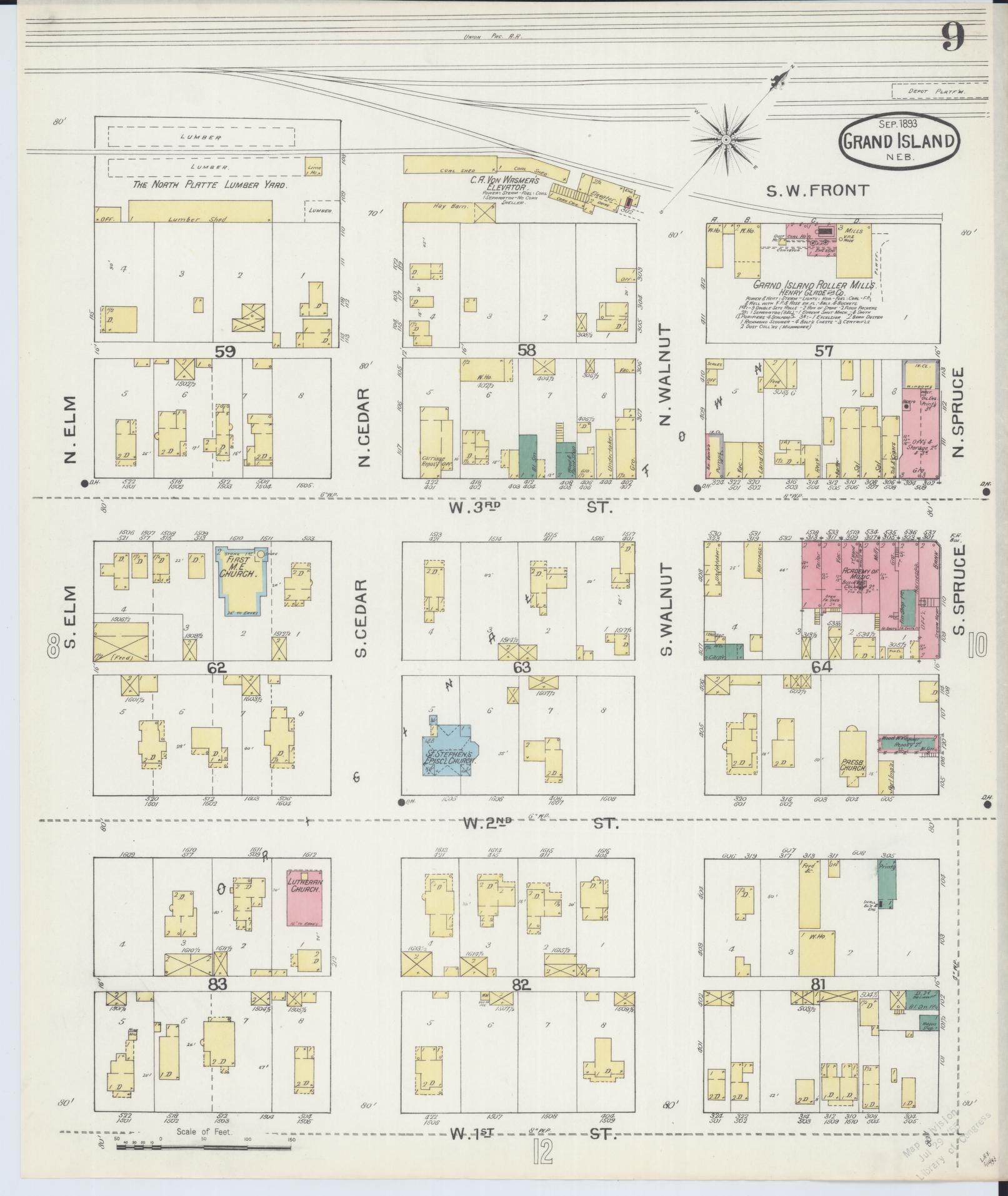 Sanborn Fire Insurance Map from Grand Island, Hall County, Nebraska (1893), Sheet #0009 - Historic Sanborn Fire Insurance Map Print, vintage old map wall art, antique decor, genealogy gift, Nebraska Nebraska map