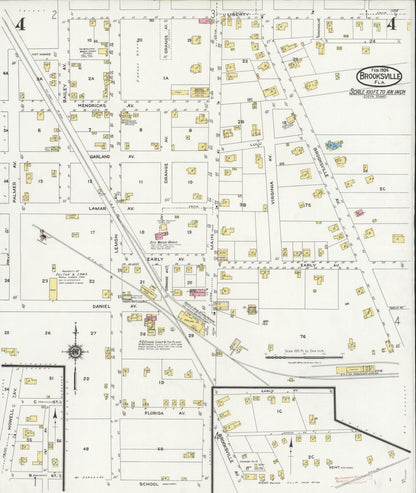 Sanborn Fire Insurance Map from Brooksville, Hernando County, Florida (1924), Sheet #0004 - Historic Sanborn Fire Insurance Map Print, vintage old map wall art, antique decor, genealogy gift, Florida Florida map