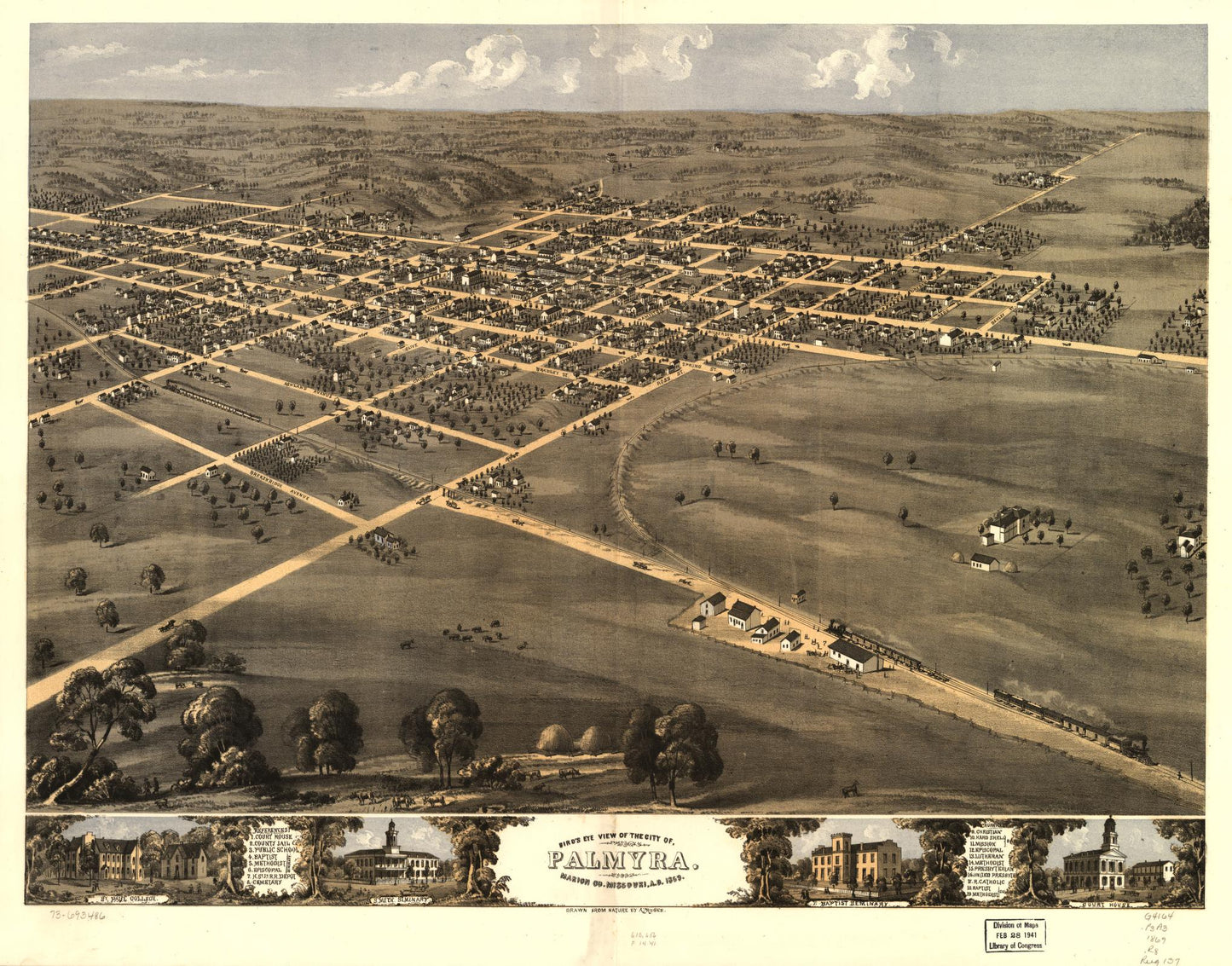 Bird's eye view of the city of Palmyra, Marion Co., Missouri, A.D. 1869. (1869) – Historic Bird’s-Eye View Panorama Print