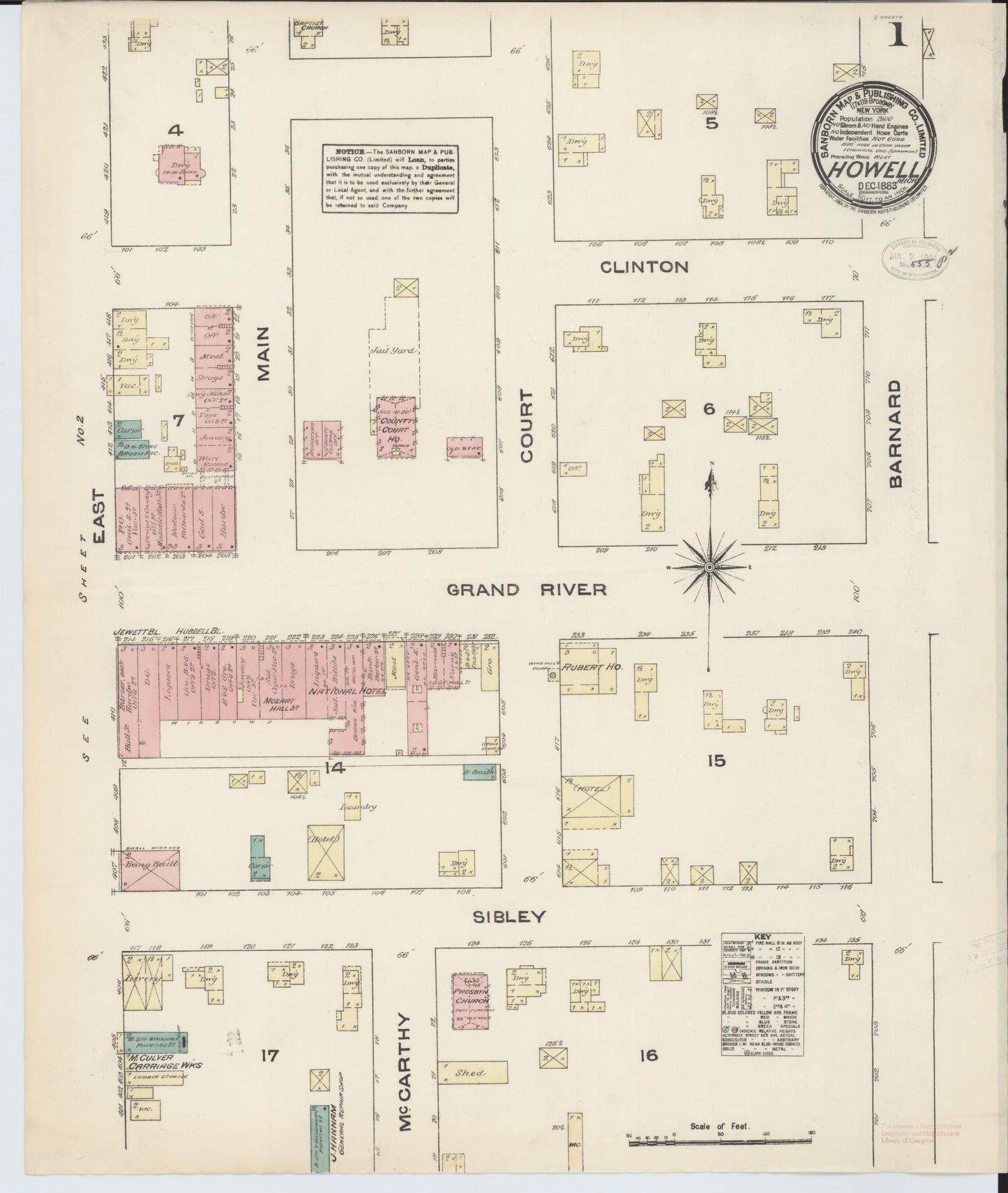 Sanborn Fire Insurance Map from Howell, Livingston County, Michigan (1883), Sheet #0001 - Complete Map Set gallery image, historic Sanborn map, vintage wall art, Michigan Michigan