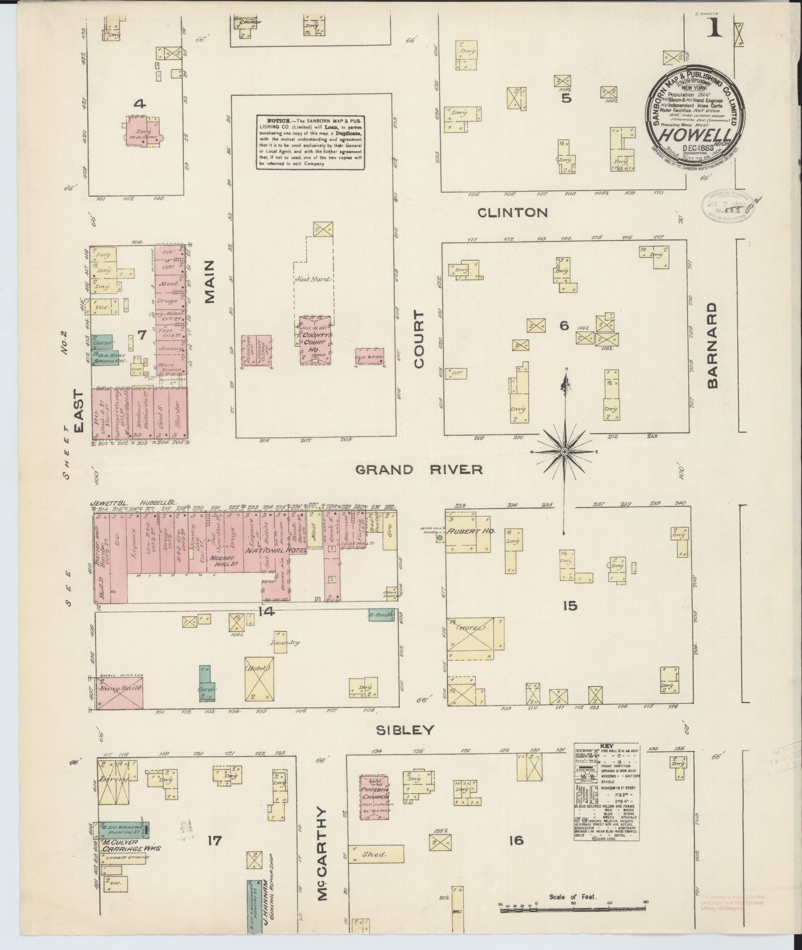 Sanborn Fire Insurance Map from Howell, Livingston County, Michigan (1883), Sheet #0001 - Complete Map Set gallery image, historic Sanborn map, vintage wall art, Michigan Michigan
