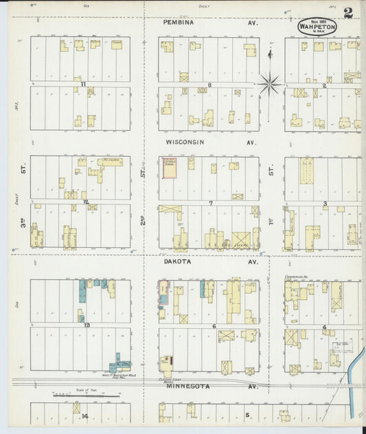 Sanborn Fire Insurance Map from Wahpeton, Richland County, North Dakota (1891), Sheet #0002 - Historic Sanborn Fire Insurance Map Print, vintage old map wall art, antique decor, genealogy gift, North Dakota North Dakota map