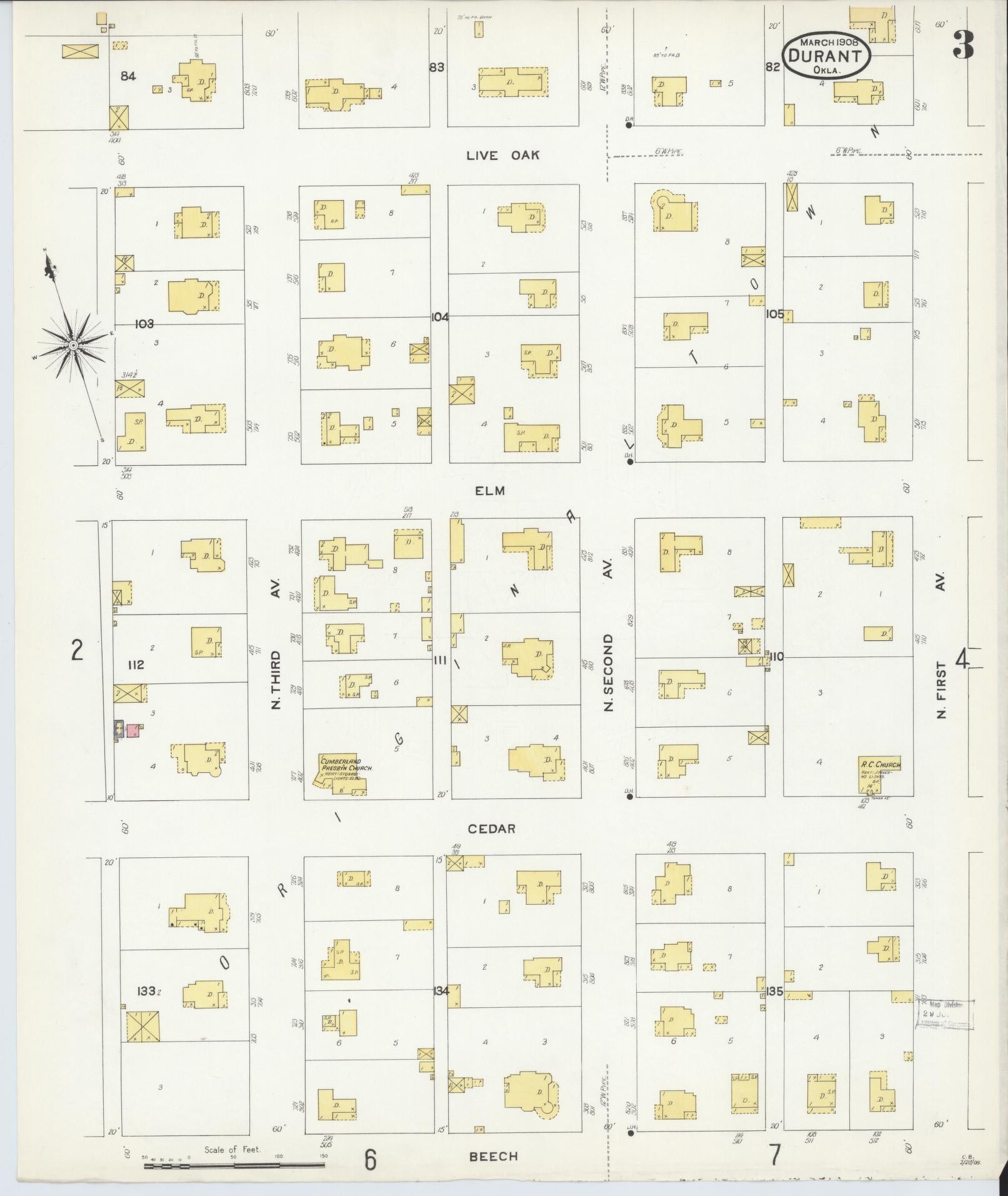 Sanborn Fire Insurance Map from Durant, Bryan County, Oklahoma (1908), Sheet #0003 - Complete Map Set gallery image, historic Sanborn map, vintage wall art, Oklahoma Oklahoma