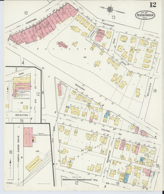 Sanborn Fire Insurance Map from Benton Harbor, Berrien County, Michigan (1917), Sheet #0012 - Historic Sanborn Fire Insurance Map Print, vintage old map wall art, antique decor, genealogy gift, Michigan Michigan map