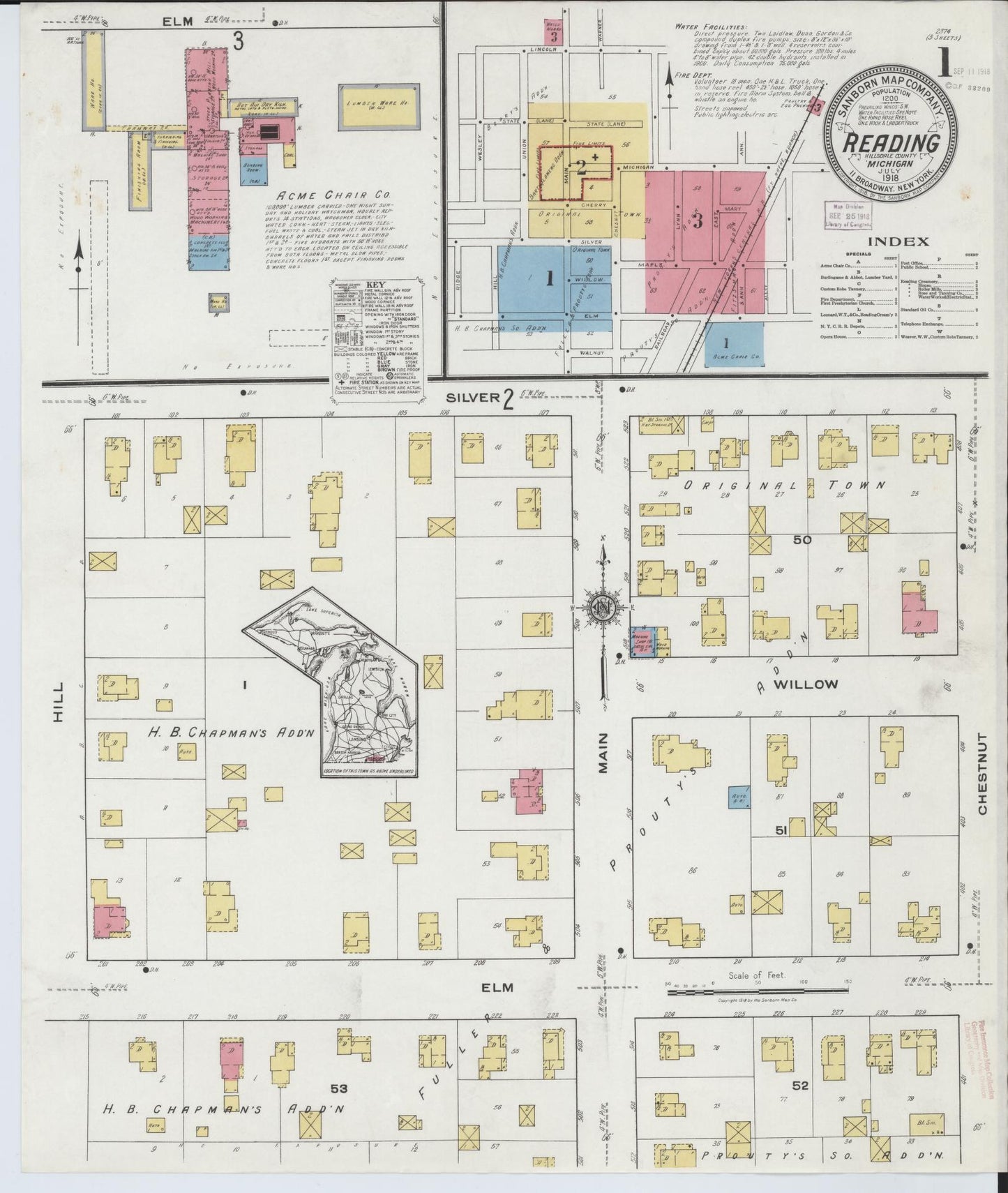 Sanborn Fire Insurance Map from Reading, Hillsdale County, Michigan (1918), Sheet #0001 - Complete Map Set gallery image, historic Sanborn map, vintage wall art, Michigan Michigan