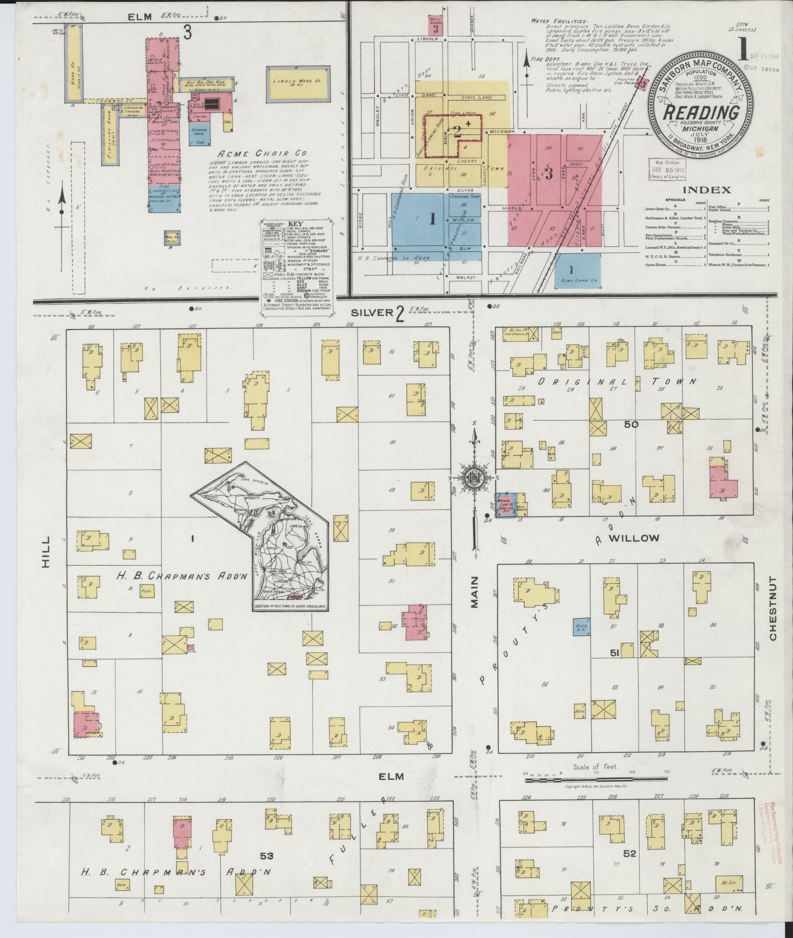 Sanborn Fire Insurance Map from Reading, Hillsdale County, Michigan (1918), Sheet #0001 - Complete Map Set gallery image, historic Sanborn map, vintage wall art, Michigan Michigan