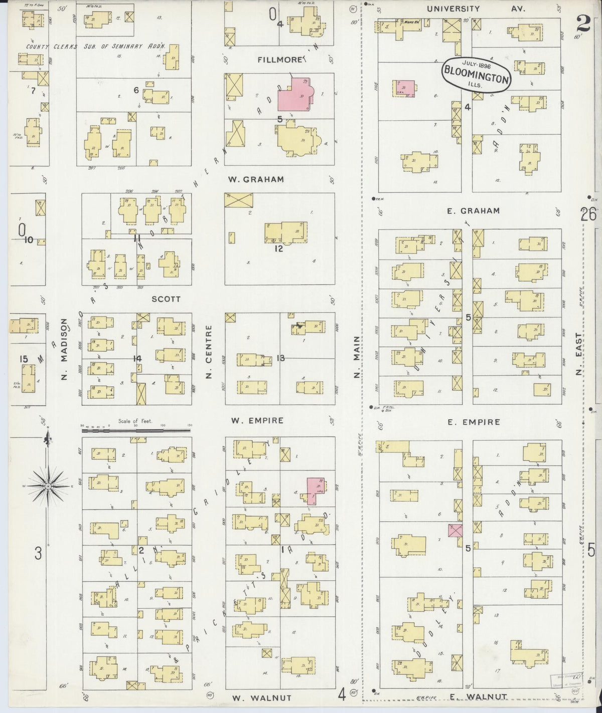 Sanborn Fire Insurance Map from Bloomington, McLean County, Illinois (1896), Sheet #0002 - Complete Map Set gallery image, historic Sanborn map, vintage wall art, Illinois Illinois