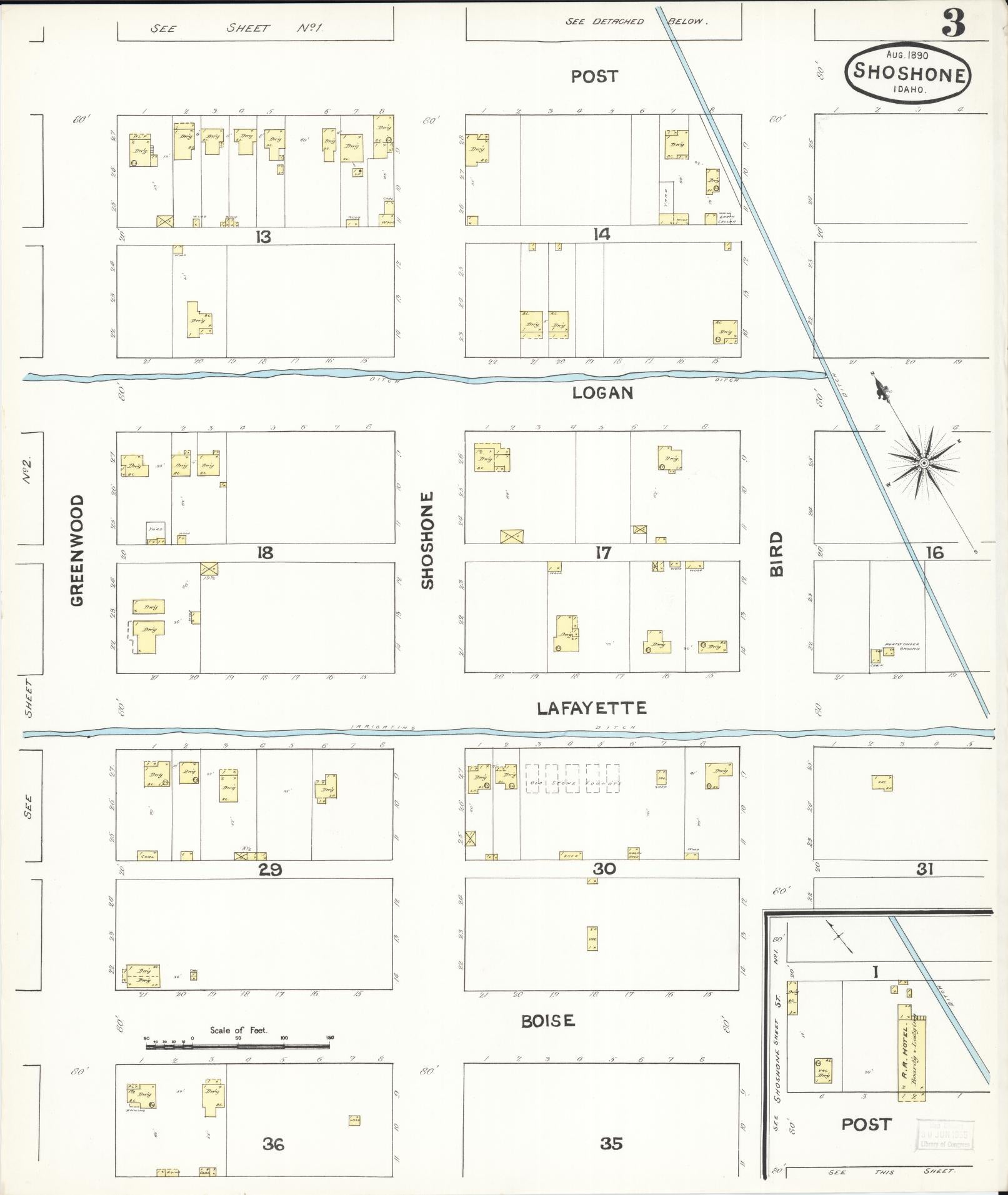 Sanborn Fire Insurance Map from Shoshone, Lincoln County, Idaho (1890), Sheet #0003 - Complete Map Set gallery image, historic Sanborn map, vintage wall art, Idaho Idaho