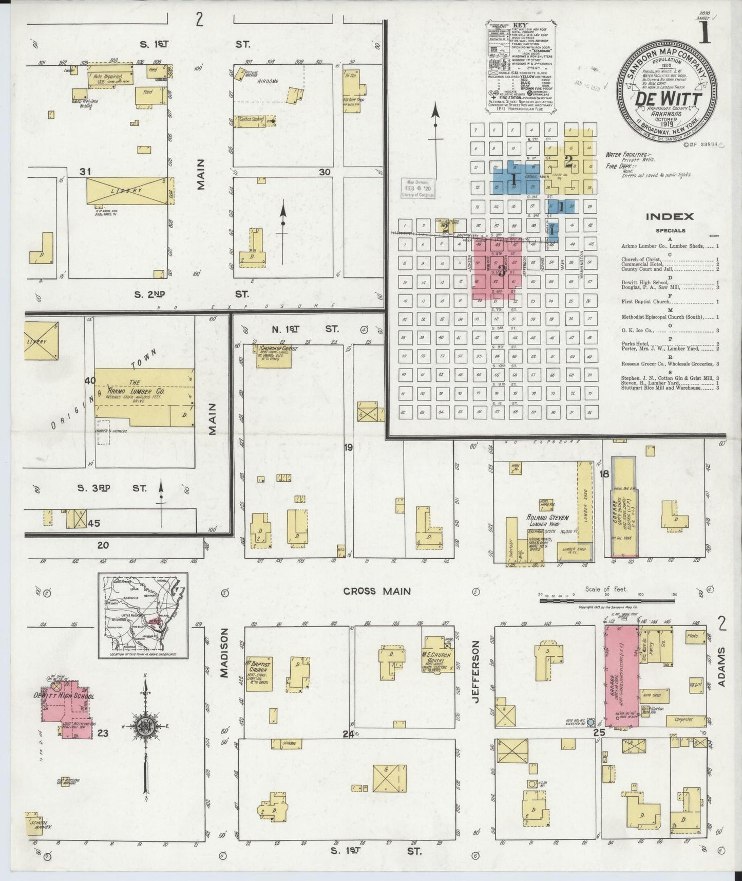 Sanborn Fire Insurance Map from De Witt, Arkansas County, Arkansas (1919), Sheet #0001 - Historic Sanborn Fire Insurance Map Print, vintage old map wall art, antique decor, genealogy gift, De Witt Arkansas map