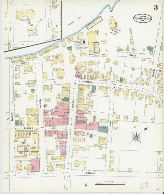 Sanborn Fire Insurance Map from Pocomoke City, Worcester County, Maryland (1906), Sheet #0003 - Historic Sanborn Fire Insurance Map Print, vintage old map wall art