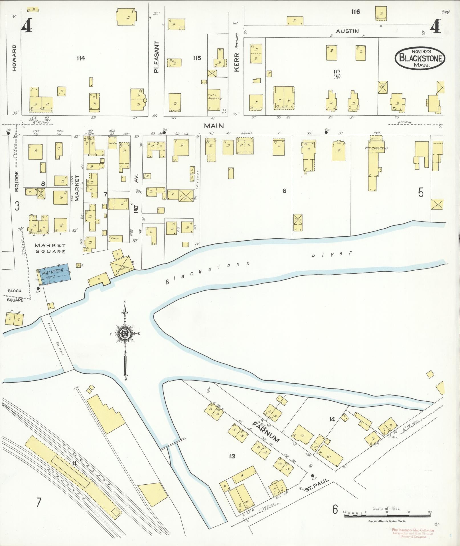 Sanborn Fire Insurance Map from Blackstone, Worcester County, Massachusetts (1923), Sheet #0004 - Complete Map Set gallery image, historic Sanborn map, vintage wall art, Massachusetts Massachusetts