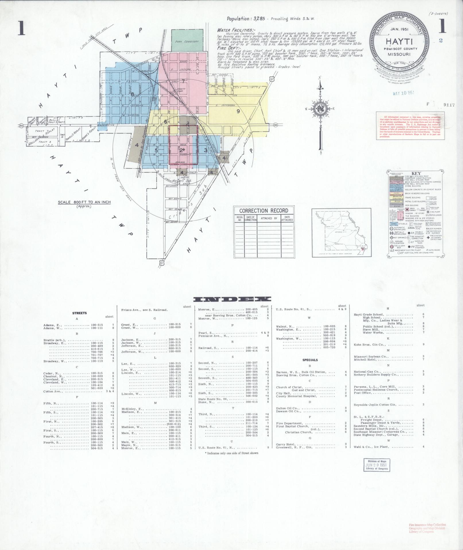 Sanborn Fire Insurance Map from Hayti, Pemiscot County, Missouri (1951), Sheet #0001 - Complete Map Set gallery image, historic Sanborn map, vintage wall art, Missouri Missouri