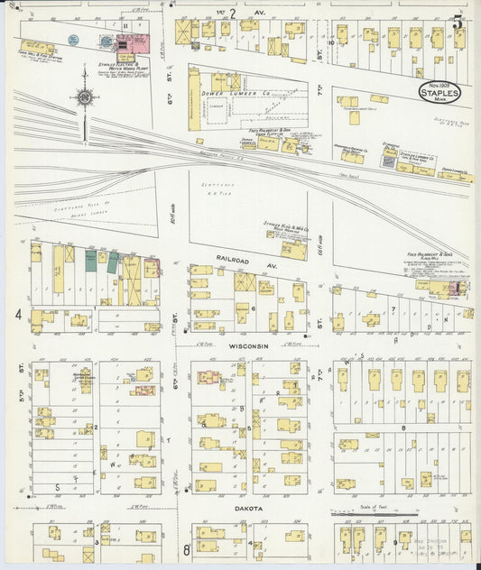Sanborn Fire Insurance Map from Staples, Todd County, Minnesota (1909), Sheet #0005 - Historic Sanborn Fire Insurance Map Print, vintage old map wall art, antique decor, genealogy gift, Minnesota Minnesota map