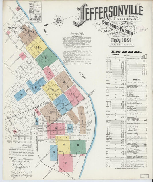 Sanborn Fire Insurance Map from Jeffersonville, Clark County, Indiana (1891), Sheet #0001 - Historic Sanborn Fire Insurance Map Print, vintage old map wall art, antique decor, genealogy gift, Indiana Indiana map