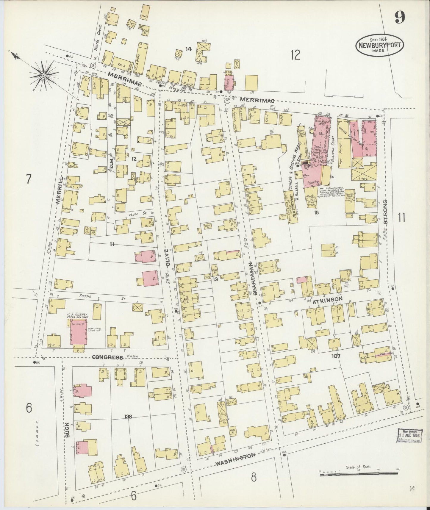 Sanborn Fire Insurance Map from Newburyport, Essex County, Massachusetts (1906), Sheet #0009 - Historic Sanborn Fire Insurance Map Print, vintage old map wall art, antique decor, genealogy gift, Massachusetts Massachusetts map