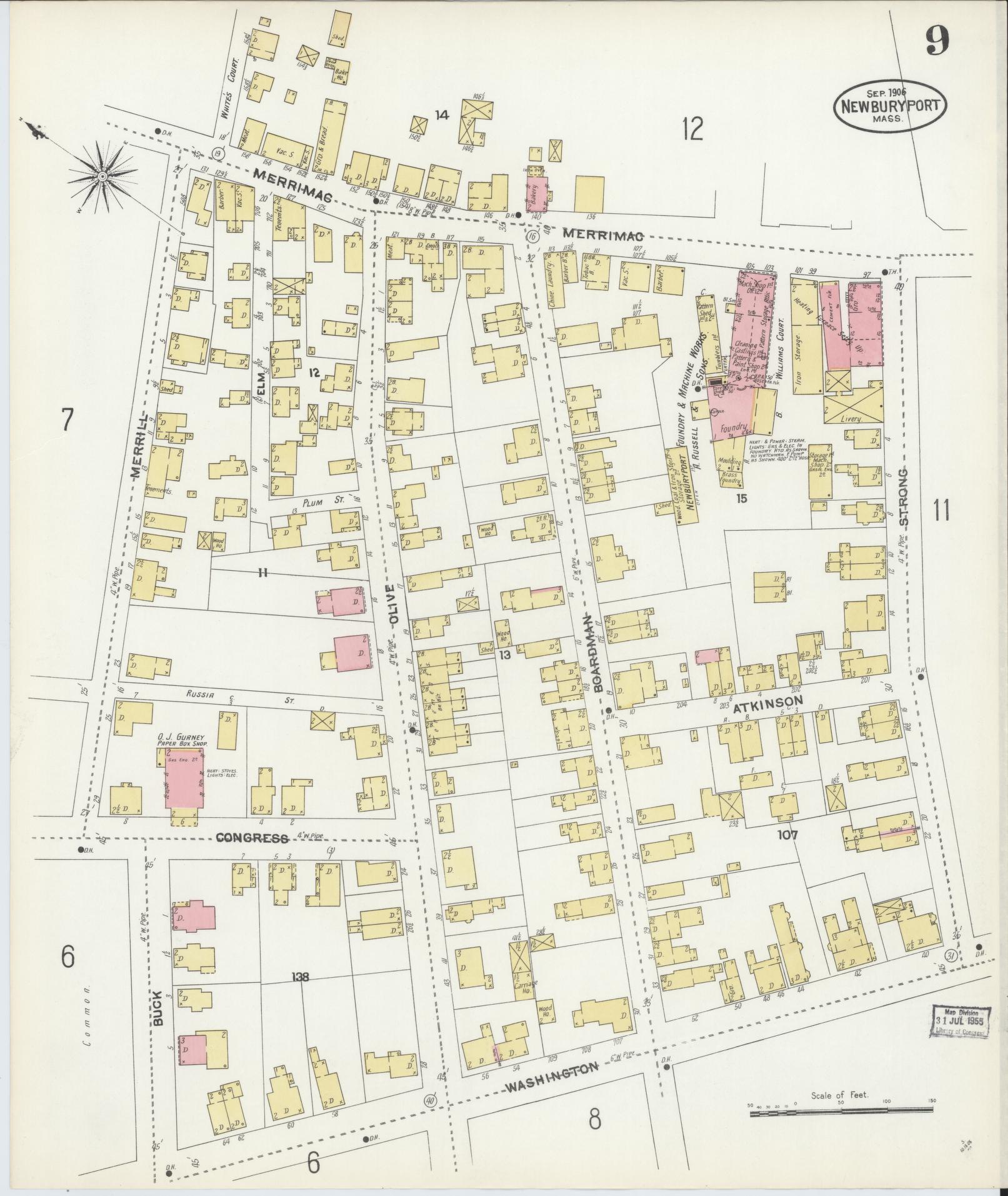 Sanborn Fire Insurance Map from Newburyport, Essex County, Massachusetts (1906), Sheet #0009 - Historic Sanborn Fire Insurance Map Print, vintage old map wall art, antique decor, genealogy gift, Massachusetts Massachusetts map