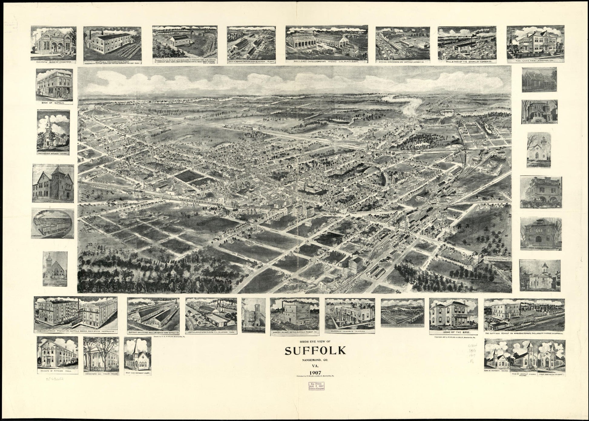 Birds eye view of Suffolk, Nansemond Co., Va. 1907. (1907) – Historic Bird’s-Eye View Panorama Print