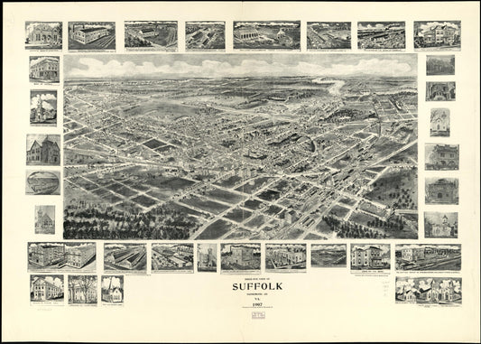 Birds eye view of Suffolk, Nansemond Co., Va. 1907. (1907) – Historic Bird’s-Eye View Panorama Print
