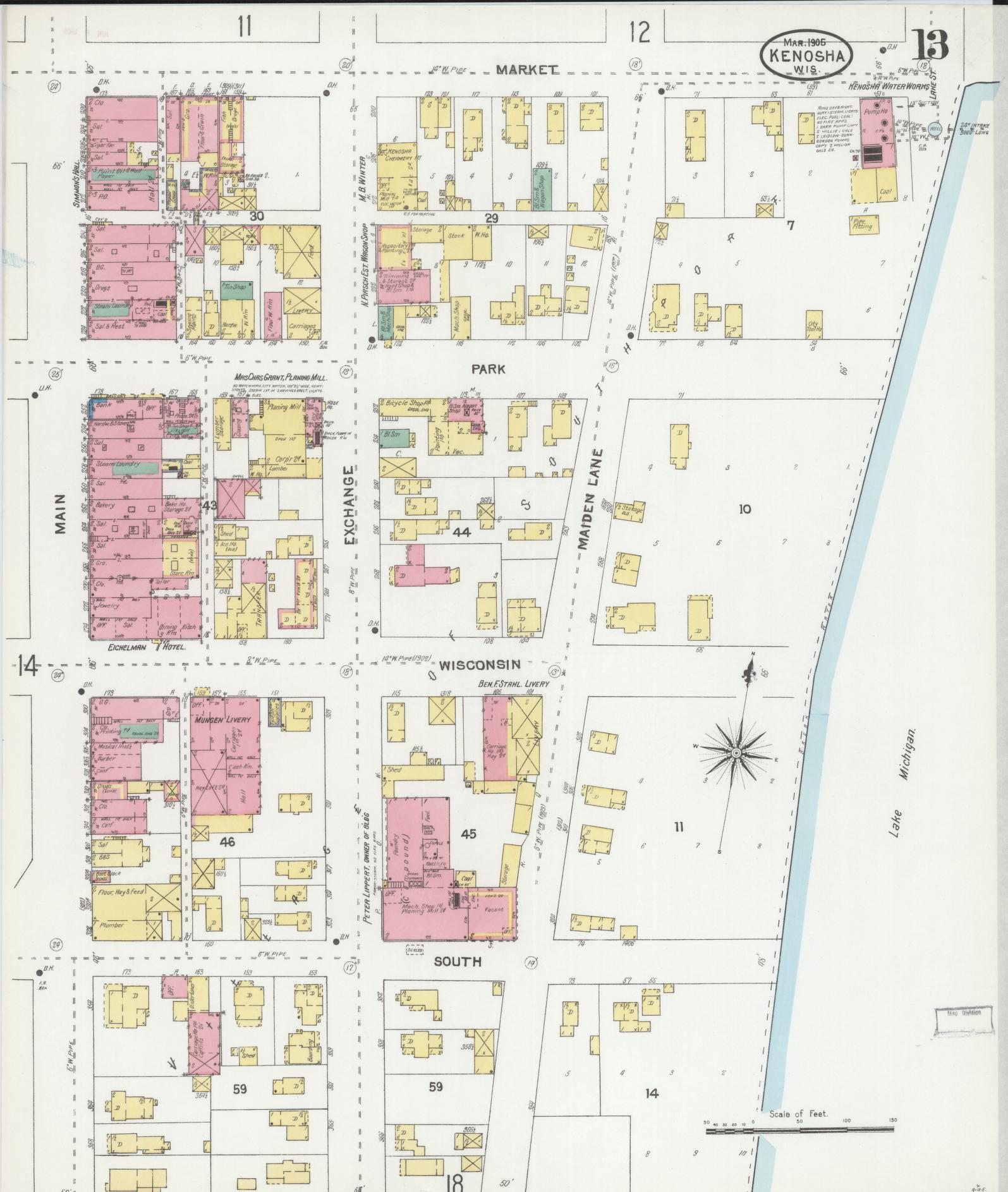 Sanborn Fire Insurance Map from Kenosha, Kenosha County, Wisconsin (1905), Sheet #0013 - Historic Sanborn Fire Insurance Map Print, vintage old map wall art, antique decor, genealogy gift, Wisconsin Wisconsin map