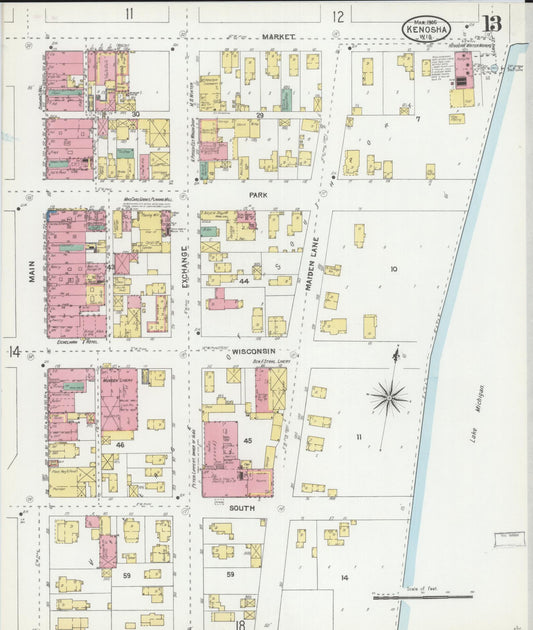 Sanborn Fire Insurance Map from Kenosha, Kenosha County, Wisconsin (1905), Sheet #0013 - Historic Sanborn Fire Insurance Map Print, vintage old map wall art, antique decor, genealogy gift, Wisconsin Wisconsin map