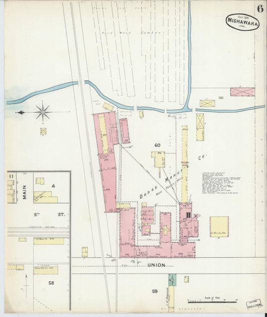 Sanborn Fire Insurance Map from Mishawaka, Saint Joseph County, Indiana (1891), Sheet #0006 - Historic Sanborn Fire Insurance Map Print, vintage old map wall art, antique decor, genealogy gift, Indiana Indiana map