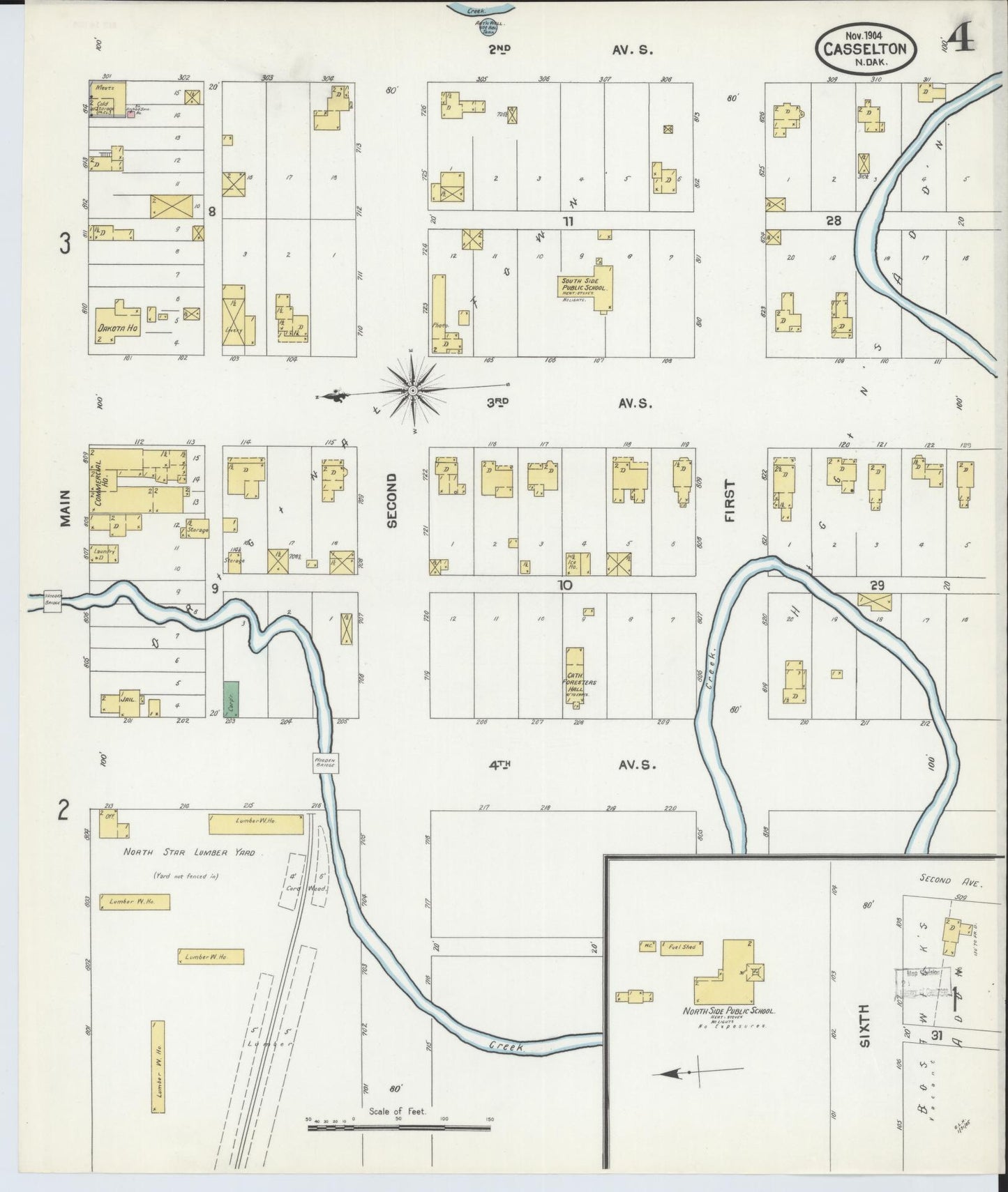Sanborn Fire Insurance Map from Casselton, Cass County, North Dakota (1904), Sheet #0004 - Historic Sanborn Fire Insurance Map Print, vintage old map wall art, antique decor, genealogy gift, North Dakota North Dakota map