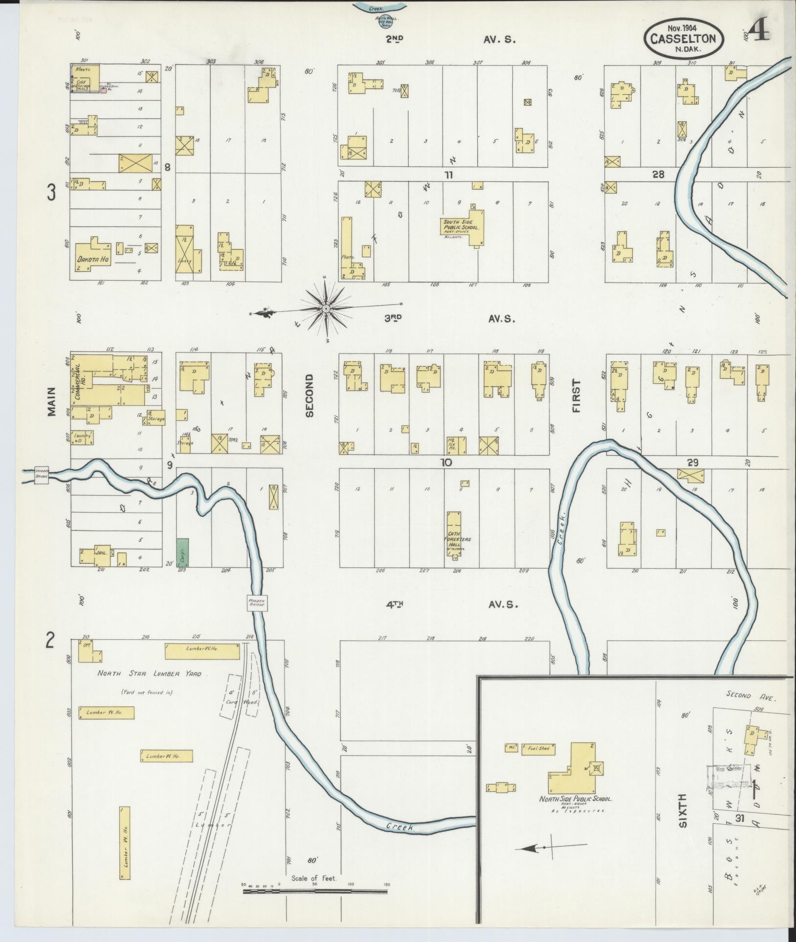 Sanborn Fire Insurance Map from Casselton, Cass County, North Dakota (1904), Sheet #0004 - Historic Sanborn Fire Insurance Map Print, vintage old map wall art, antique decor, genealogy gift, North Dakota North Dakota map