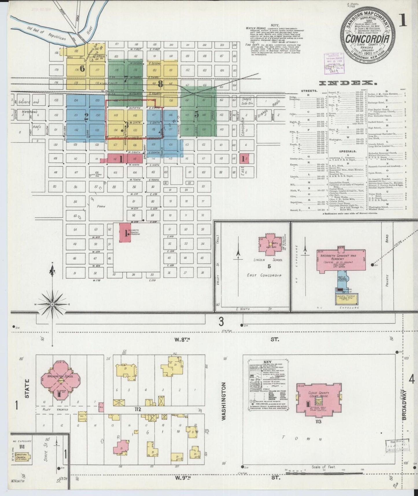 Sanborn Fire Insurance Map from Concordia, Cloud County, Kansas (1905), Sheet #0001 - Historic Sanborn Fire Insurance Map Print, vintage old map wall art, antique decor, genealogy gift, Kansas Kansas map