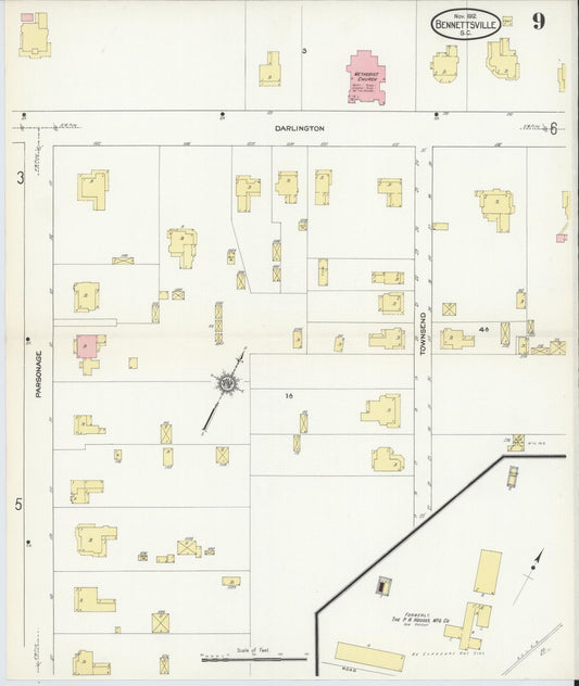 Sanborn Fire Insurance Map from Bennettsville, Marlboro County, South Carolina (1912), Sheet #0009 - Historic Sanborn Fire Insurance Map Print, vintage old map wall art, antique decor, genealogy gift, South Carolina South Carolina map