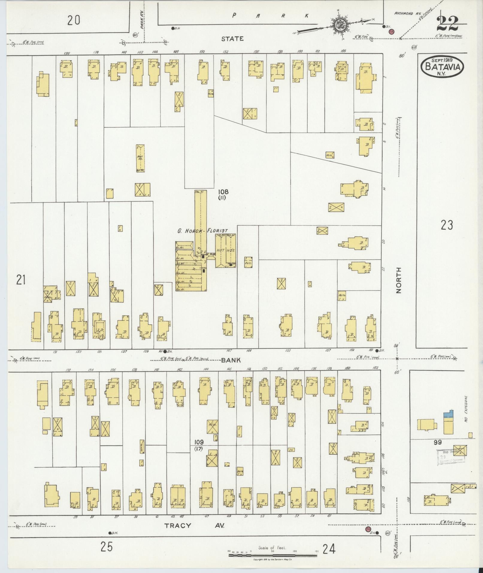 Sanborn Fire Insurance Map from Batavia, Genesee County, New York (1919), Sheet #0022 - Historic Sanborn Fire Insurance Map Print, vintage old map wall art, antique decor, genealogy gift, New York New York map