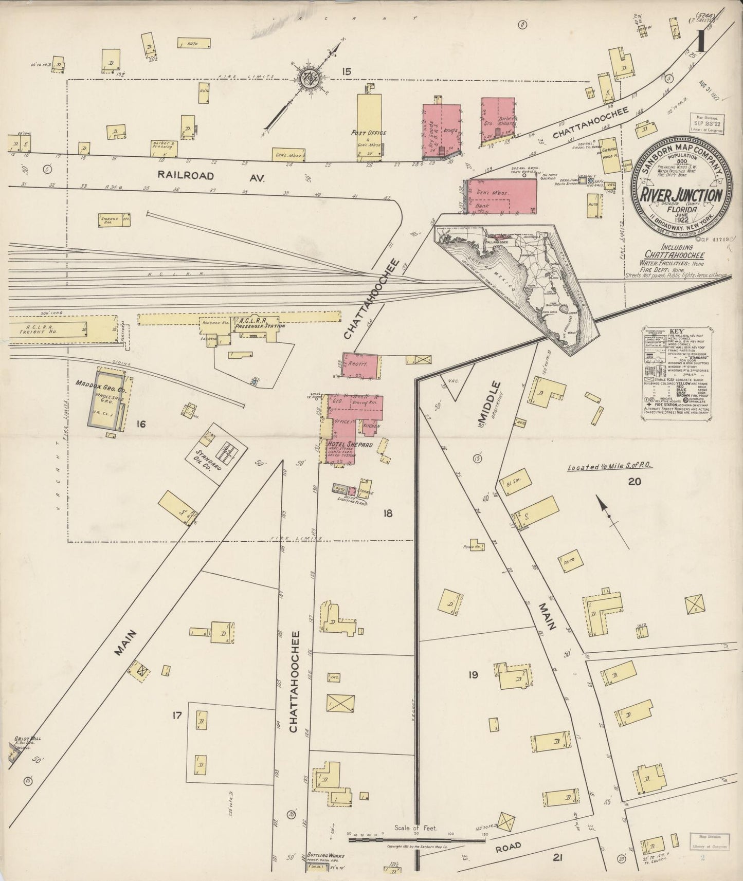 Sanborn Fire Insurance Map from River Junction, Gadsden County, Florida (1922), Sheet #0001 - Complete Map Set gallery image, historic Sanborn map, vintage wall art, Florida Florida