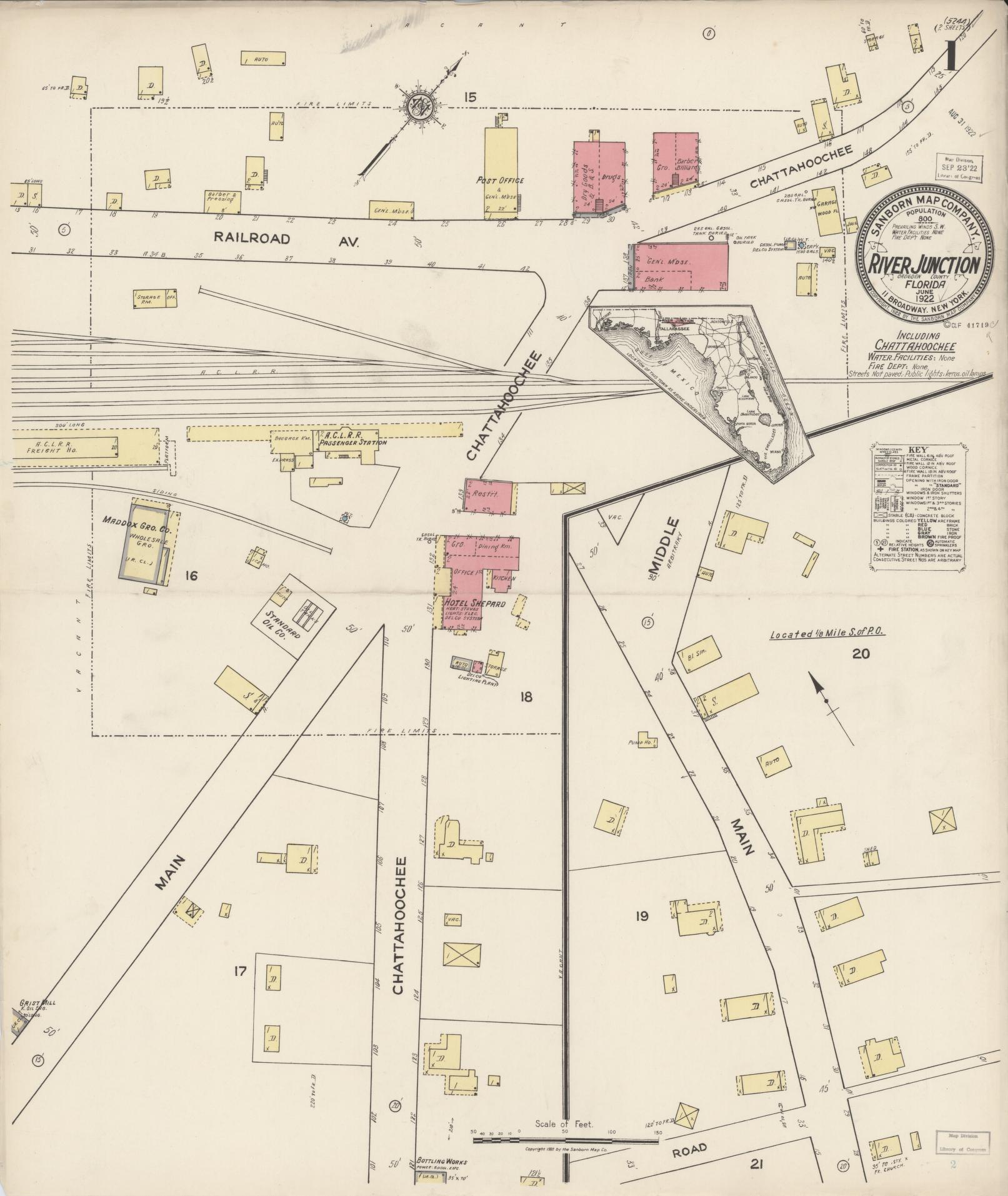 Sanborn Fire Insurance Map from River Junction, Gadsden County, Florida (1922), Sheet #0001 - Complete Map Set gallery image, historic Sanborn map, vintage wall art, Florida Florida