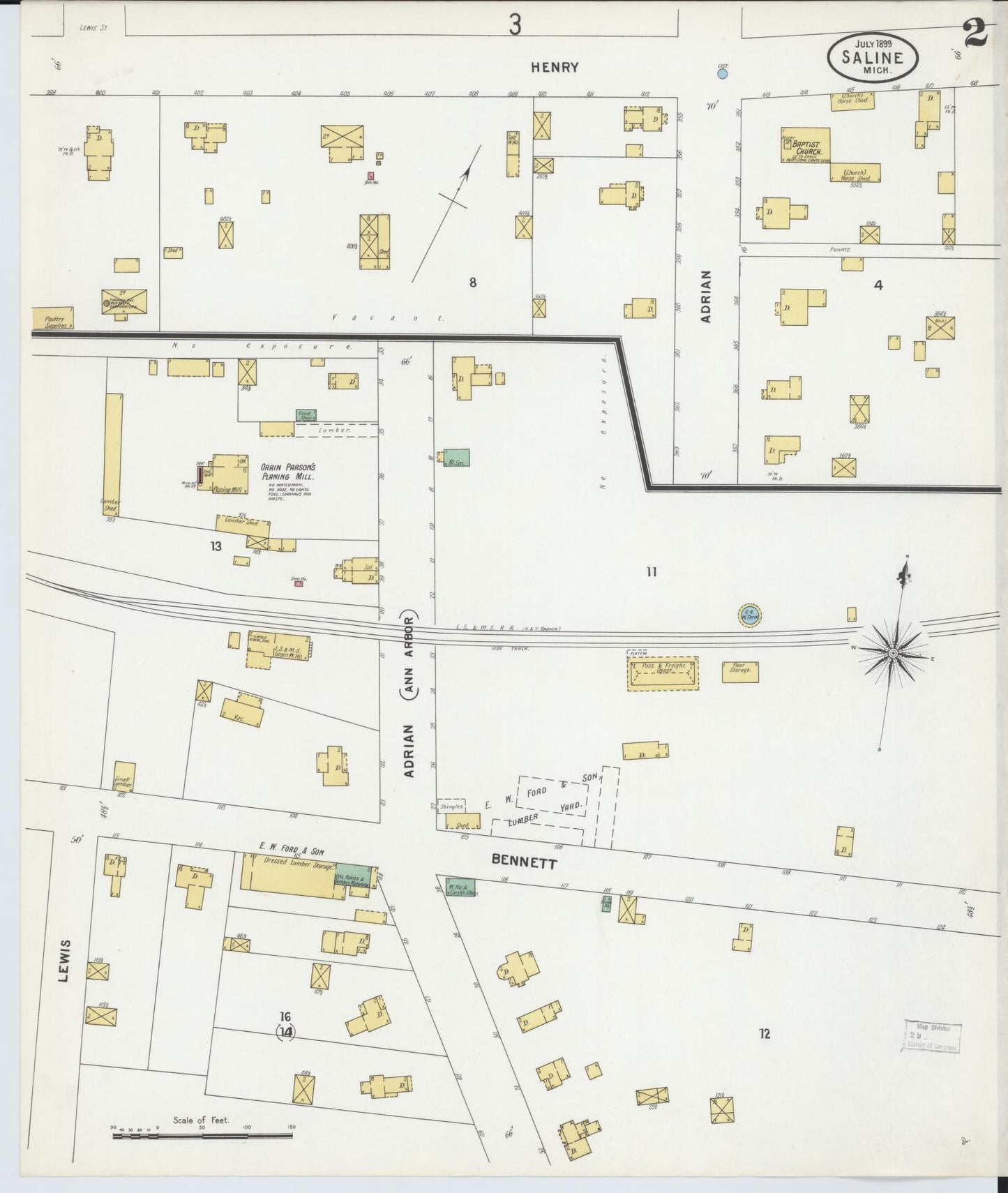 Sanborn Fire Insurance Map from Saline, Washtenaw County, Michigan (1899), Sheet #0002 - Complete Map Set gallery image, historic Sanborn map, vintage wall art, Michigan Michigan