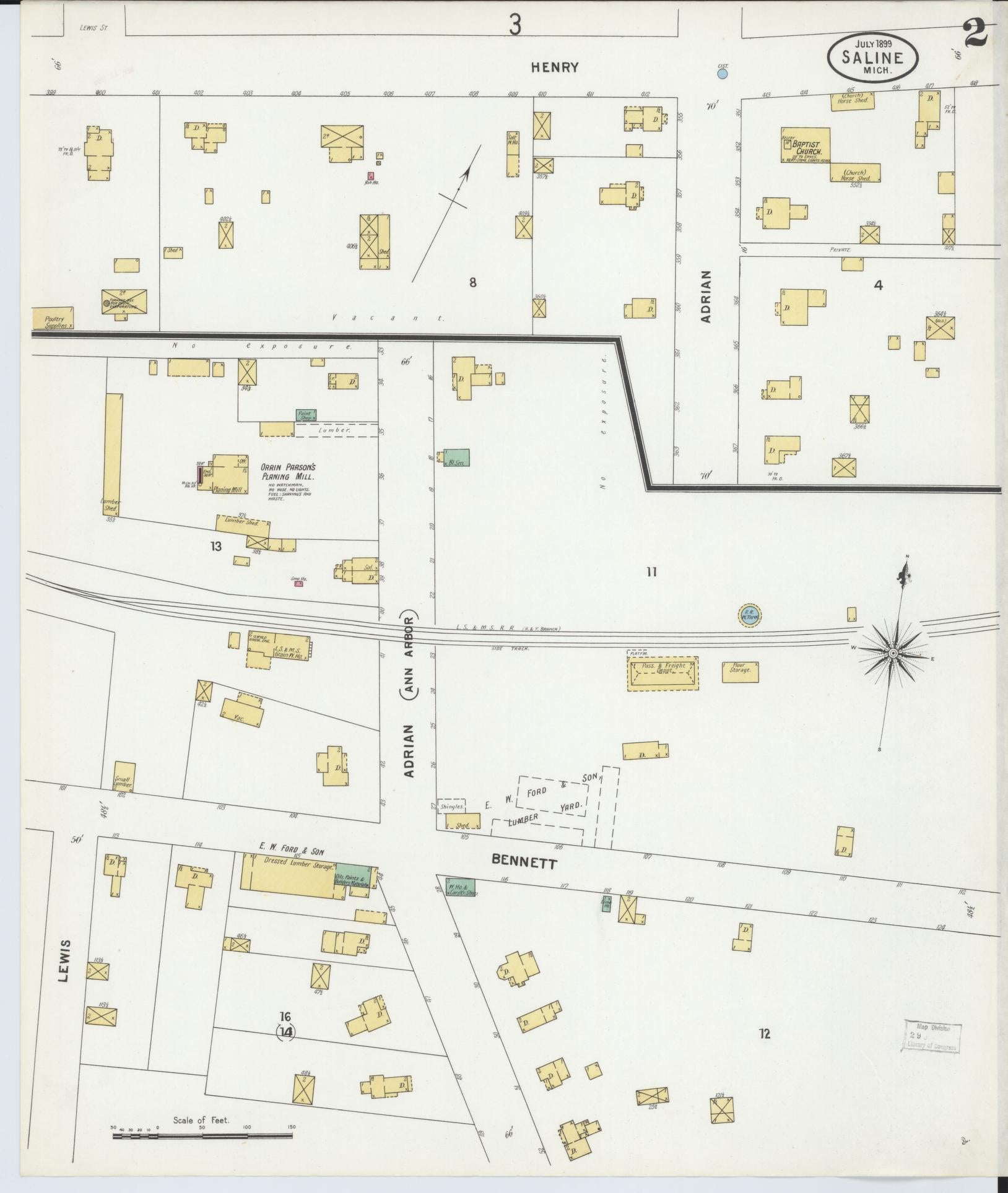 Sanborn Fire Insurance Map from Saline, Washtenaw County, Michigan (1899), Sheet #0002 - Complete Map Set gallery image, historic Sanborn map, vintage wall art, Michigan Michigan