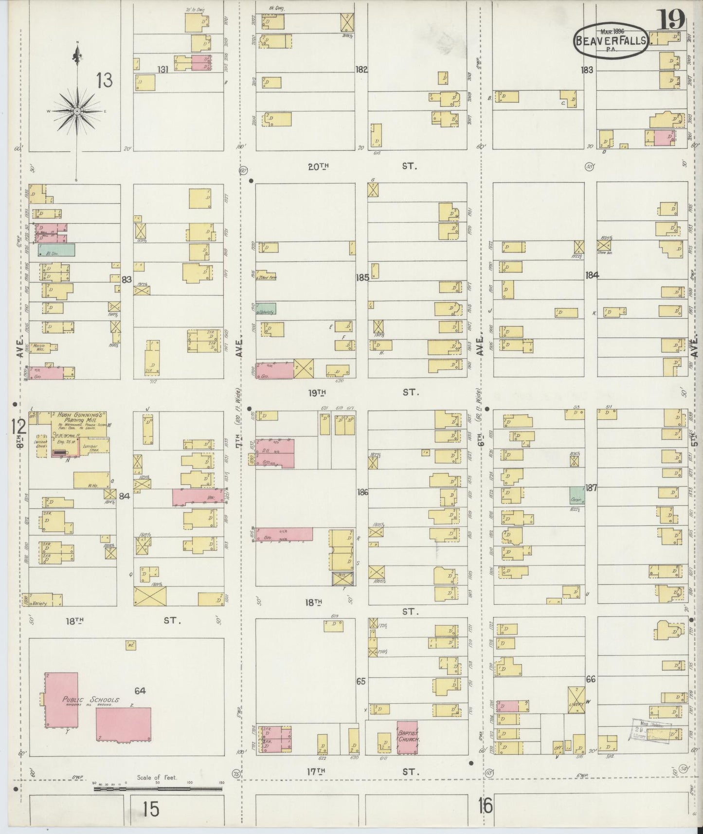Sanborn Fire Insurance Map from Beaver Falls, Beaver County, Pennsylvania (1896), Sheet #0019 - Historic Sanborn Fire Insurance Map Print, vintage old map wall art, antique decor, genealogy gift, Pennsylvania Pennsylvania map