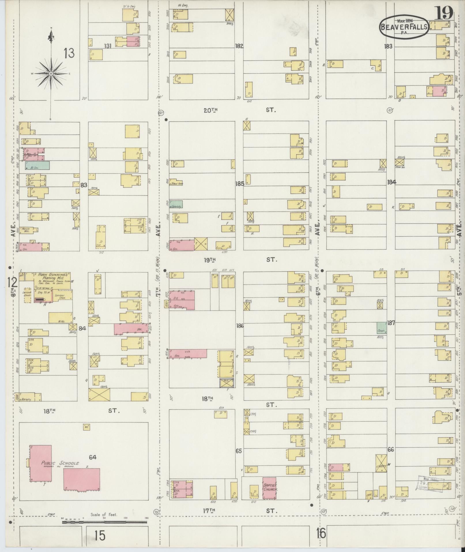 Sanborn Fire Insurance Map from Beaver Falls, Beaver County, Pennsylvania (1896), Sheet #0019 - Historic Sanborn Fire Insurance Map Print, vintage old map wall art, antique decor, genealogy gift, Pennsylvania Pennsylvania map