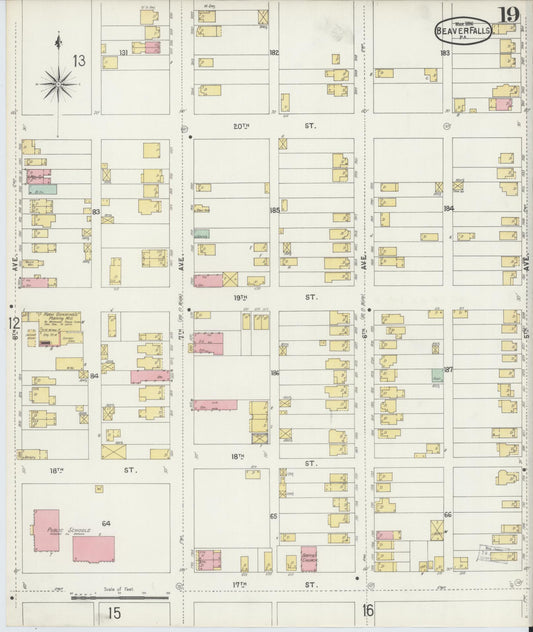 Sanborn Fire Insurance Map from Beaver Falls, Beaver County, Pennsylvania (1896), Sheet #0019 - Historic Sanborn Fire Insurance Map Print, vintage old map wall art, antique decor, genealogy gift, Pennsylvania Pennsylvania map